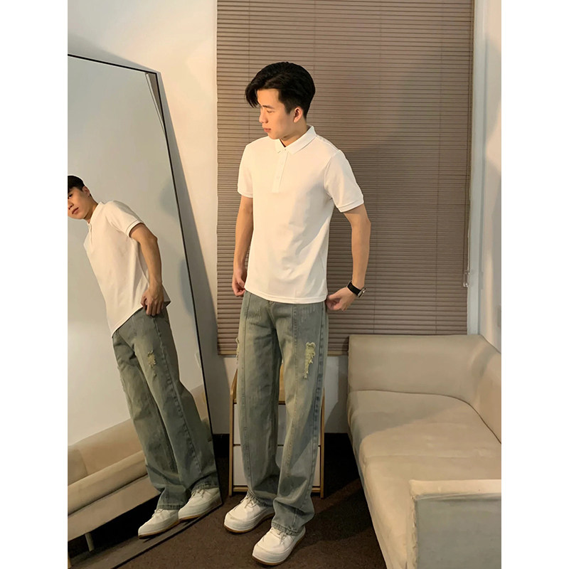 复古刮烂破洞牛仔裤男款春秋季高街黄泥染直筒长裤宽松百搭阔腿裤,男装,牛仔裤,淘宝优惠券,粉丝福利购,淘宝优惠卷