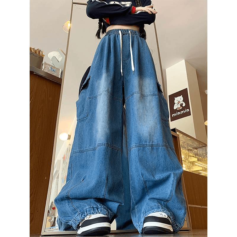 潮牌嘻哈水洗牛仔裤男夏季美式复古宽松直筒阔腿ins痞帅工装长裤