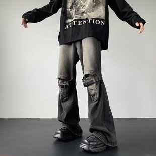 美式潮牌亚比风破洞牛仔裤男款复古高街工装裤子设计感直筒微喇裤