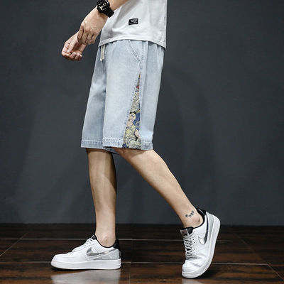 浅蓝松紧腰男士牛仔短裤美式复古宽松刺绣中裤工装休闲百搭五分裤