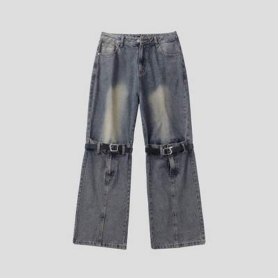 美式复古潮牌微喇叭牛仔裤男款春秋季高街绑带设计小众宽松阔腿裤
