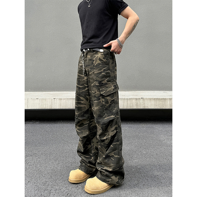 美式复古工装迷彩长裤多口袋男款牛仔裤宽松微喇高街直筒休闲裤子