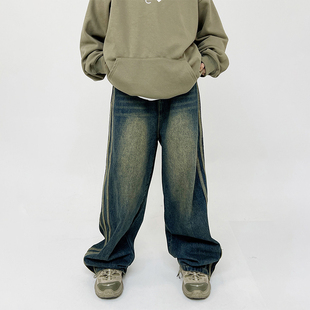 美式潮牌高街复古做旧水洗牛仔裤男款宽松直筒侧边三条杠休闲裤男