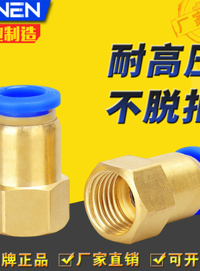 PCF8-02内螺纹直通接头气动快插蓝色铜内丝二通快速气管插头JINEN