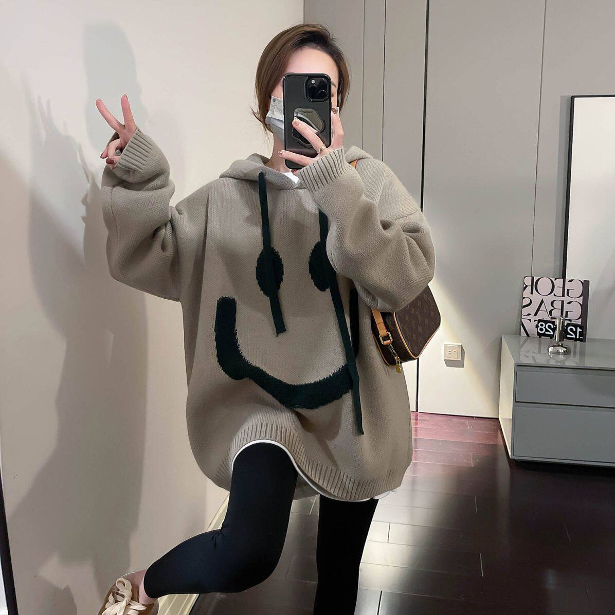 European Station Smiling Face Hoodie for Women, Thickened 2025 Spring and Autumn New Style, Korean Version Lazy Style Loose Knit Top