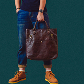 二十四街小众复古日系男士 咔叽风牛皮托特包真皮做旧商水洗公文包