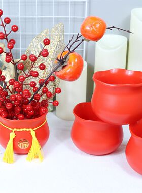 花盆节日装饰福桶红果花桶乔迁客厅年宵花摆件结婚喜庆过年花盆