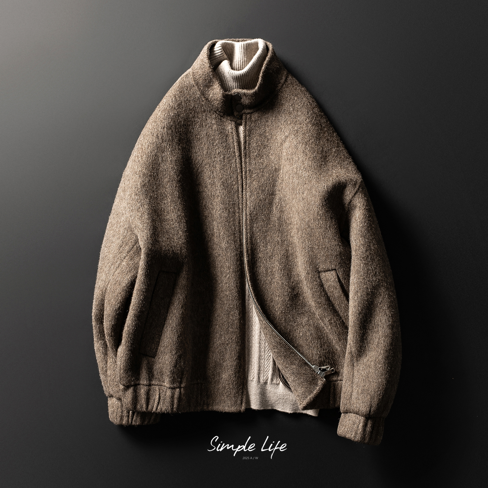 极简廓形立领长毛双面呢外套男