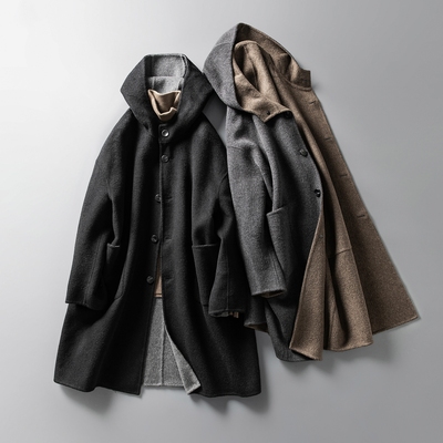 宽松廓形连帽双色双面羊绒大衣男
