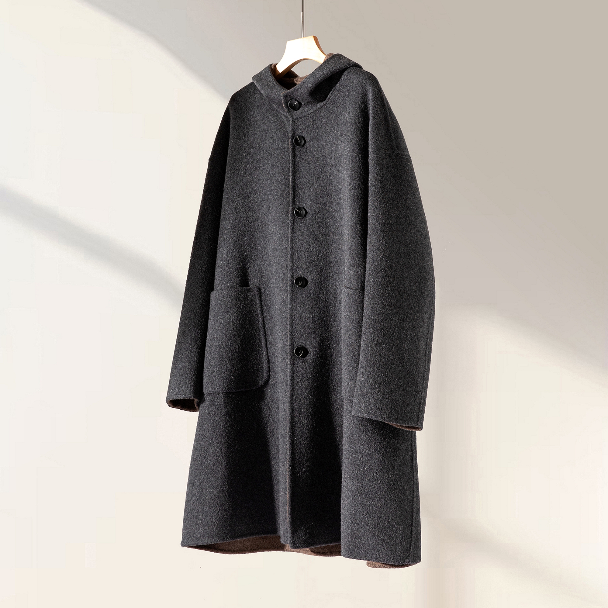 老钱风连帽双色双面呢大衣男