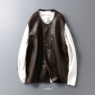 皮衣坎肩 圆领无袖 韩系老钱风廓形PU皮马甲男 秋冬高级感宽松阔版