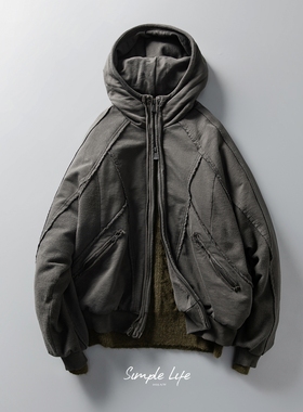 archive做旧拼接解构连帽短款羽绒服男 冬季90白鸭绒廓形连帽卫衣