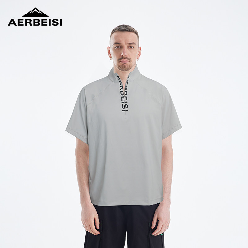 AERBEISI阿尔卑斯 夏季短袖休闲户外运动健身情侣款立领弹力上衣