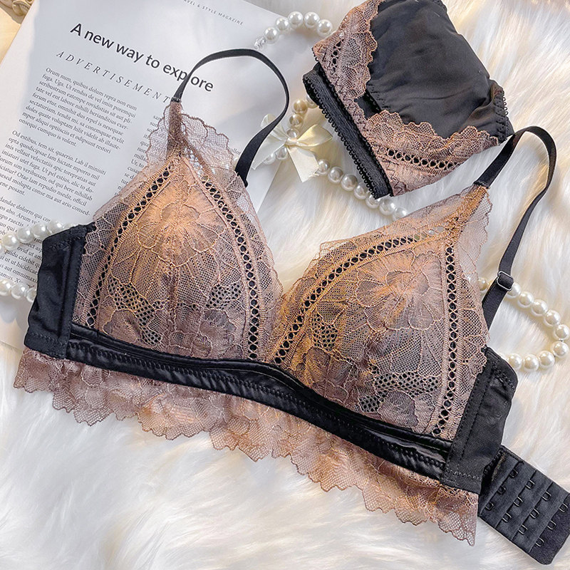 薄款内衣女大胸显小缩胸防下垂上托无钢圈性感法式文胸内裤套装