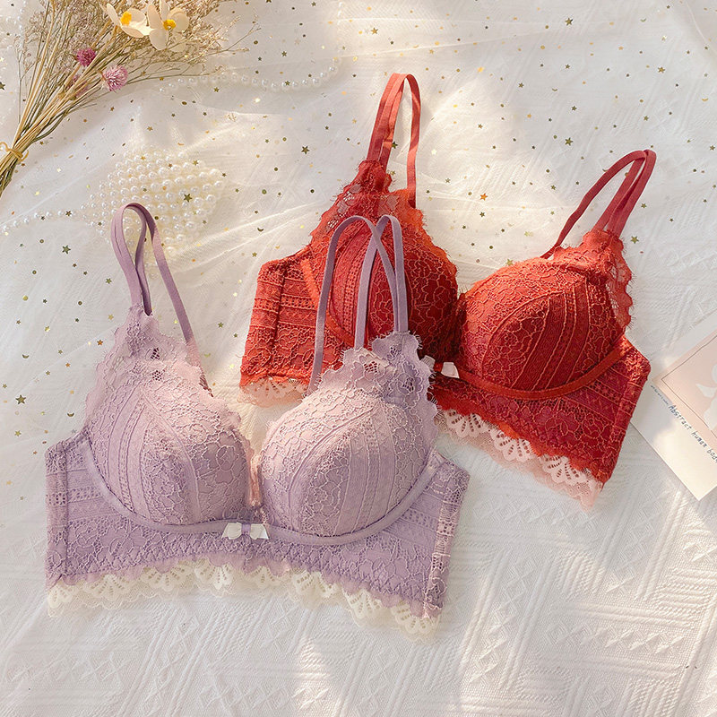 本命年红色结婚新娘内衣女小胸聚拢调整型无钢圈文胸套装防下垂