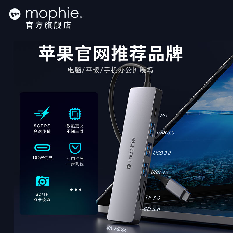 mophie七合一扩展坞Typec笔记本USB分线多接口适用于苹果15pro电脑MacBookPro拓展坞转换器iPad华为手机-封面