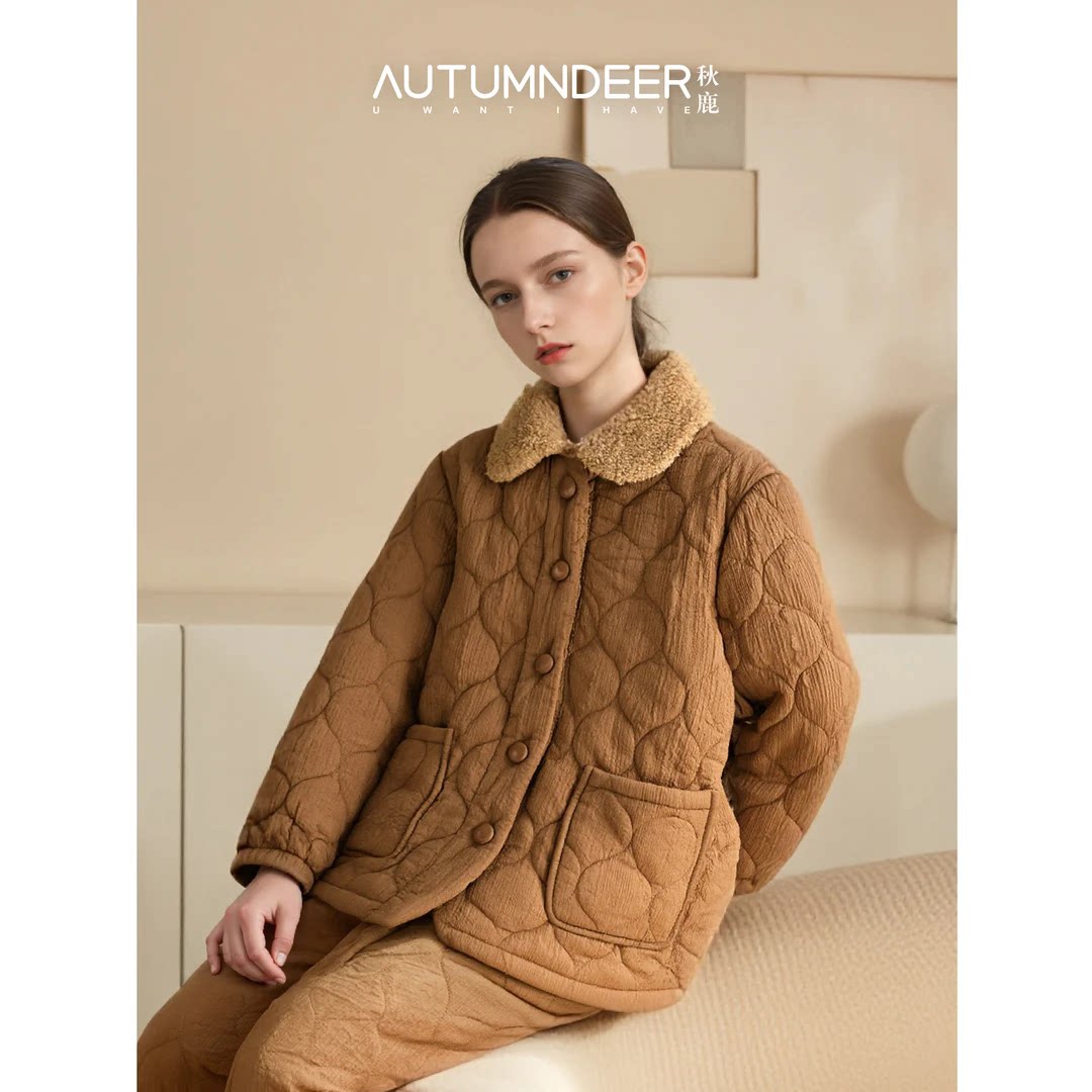 秋鹿暖羽绸皱布三夹棉睡衣女款2025款冬加厚扣领高级感轻奢家居服