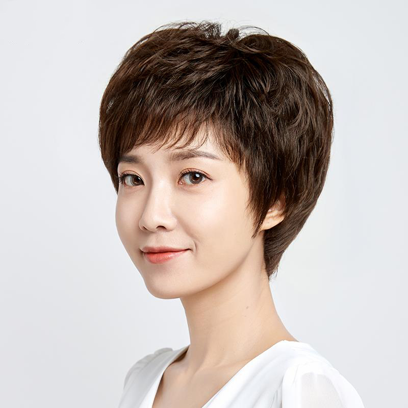 假发女短发圆脸妈妈自然真发短卷发中老年蓬松全头套