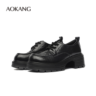 奥康女鞋2025春新款鞋复古百搭英伦风乐福鞋松糕底系带通勤小皮鞋