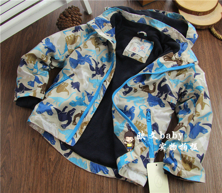 清仓！柔软的冲锋衣~儿童男童加绒连帽外套 可拆卸 小恐龙印花