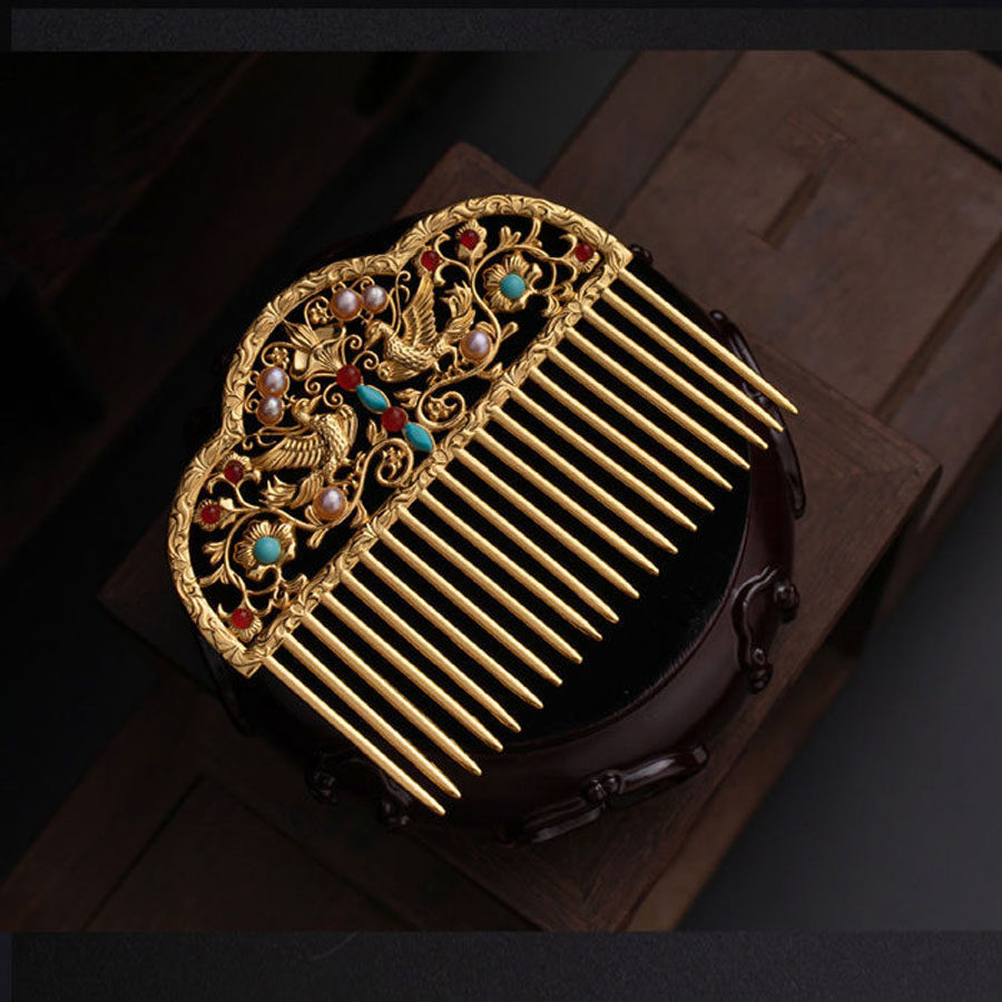 唐风珍珠满庭芳发梳唐朝仕女图插梳发饰复古宫廷首饰发簪汉服配饰