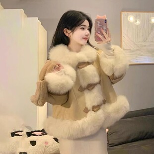 韩版2025秋冬新款皮毛一体显瘦气质棉服仿狐狸毛毛领环保皮草外套