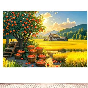 秋天丰收田园图乡村田园风景画金秋大丰收餐厅秋日自粘不干胶贴纸