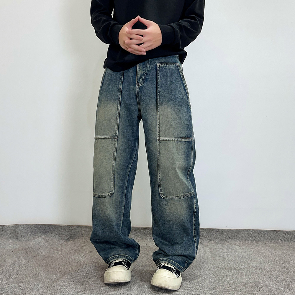 美式复古baggy牛仔裤男2025年新款高街痞帅拼接宽松直筒阔腿裤子