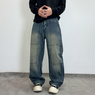 高街痞帅拼接宽松直筒阔腿裤 男2025年新款 子 复古baggy牛仔裤 美式