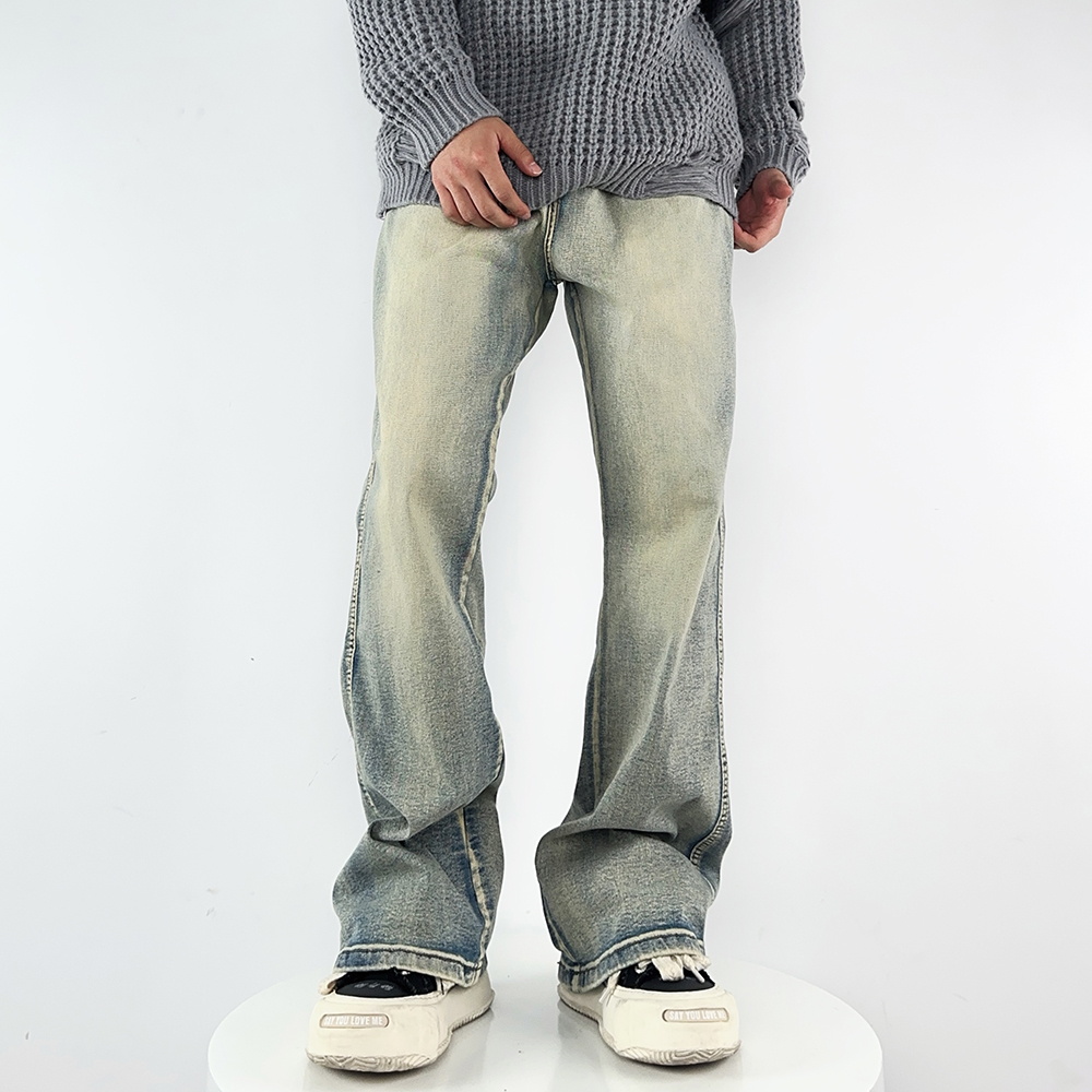 SANYUEBAN美式高街男秋冬加绒复古vibe风百搭微喇裤水洗做旧长裤