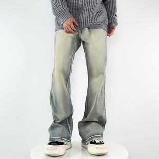 水洗做旧长裤 SANYUEBAN美式 高街男秋冬加绒复古vibe风百搭微喇裤