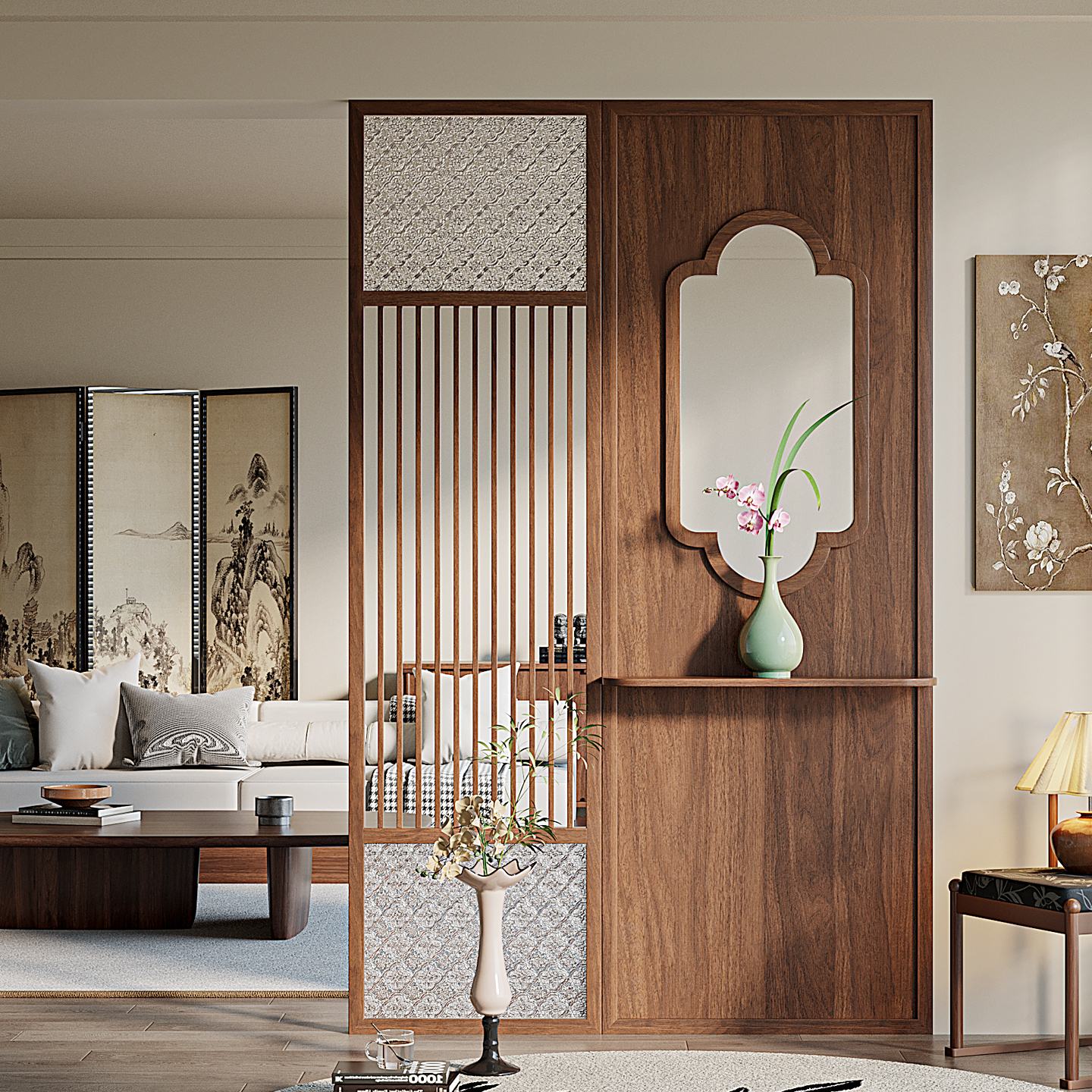 新中式入户实木屏风客厅隔断玄关置物架海棠玻璃格栅进门大厅遮挡