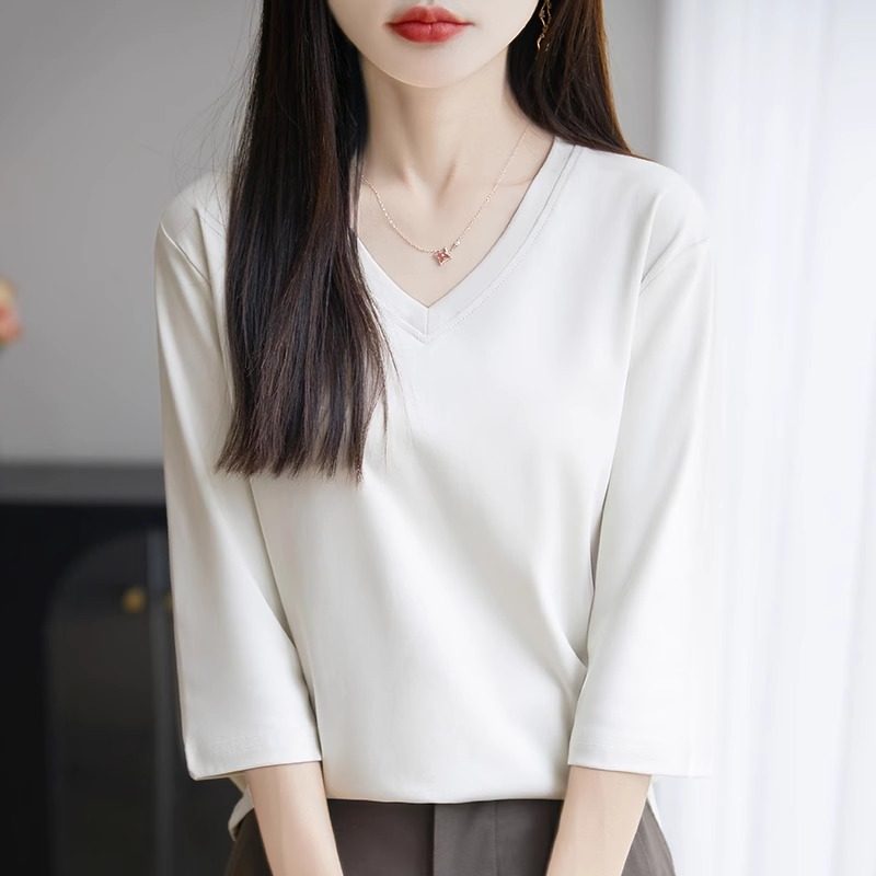 纯棉V领七分袖T恤女2025新款宽松显瘦减龄透气打底衫中袖体恤上衣