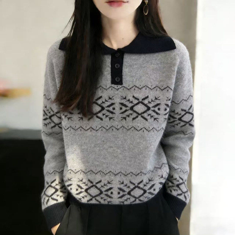 费尔岛风雪花提花翻领毛针织衫女灰色纽扣套头撞色POLO领打底毛衣