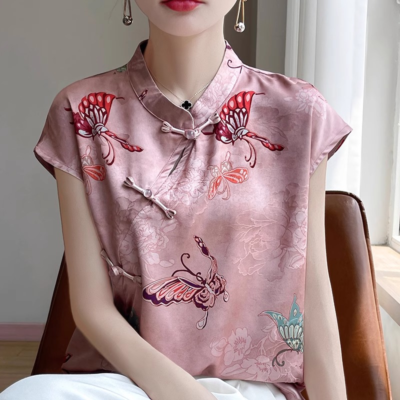 高端复古盘扣提花女短袖夏季新款丝滑缎面旗袍背心t宽松半袖T恤衫