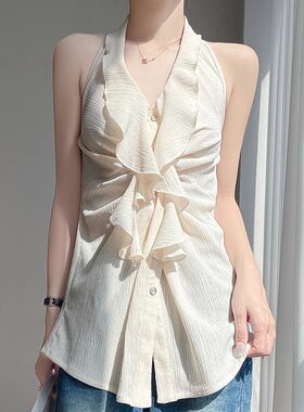 背心挂脖上衣辣妹漏肩无袖衬衫