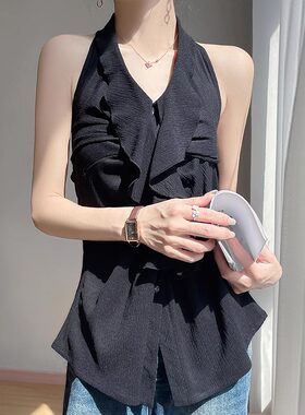 挂脖漏肩背心女外穿无袖衬衫