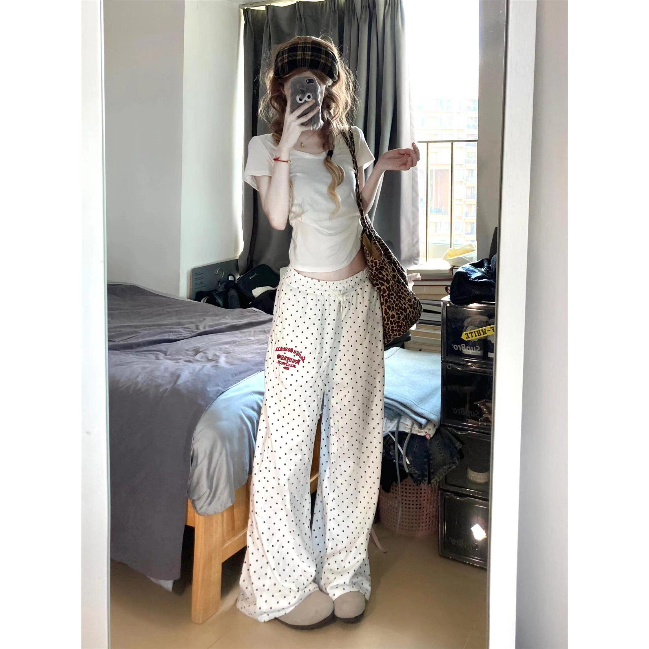 纯棉美式字母刺绣波点休闲裤女夏季宽松高腰运动慵懒风阔腿长裤子