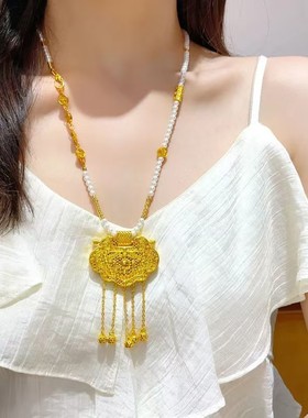 爆款金店黄金色古法沙金花丝镶嵌天子门生龙凤流苏锁包吊坠女项链