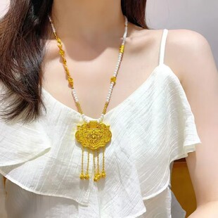 爆款金店黄金色古法沙金花丝镶嵌天子门生龙凤流苏锁包吊坠女项链