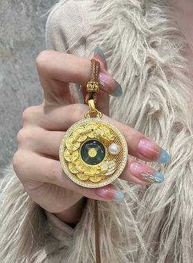 2025款古法点钻钱龙牌招财吊坠越南沙金花丝镂空钱龙通宝项链挂坠