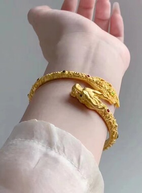 黄金色沙金神龙摆尾手镯女霸气精巧花丝工艺古生肖龙镯子古法手环