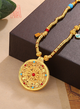 2025新款黄金色沙金镶嵌八宝罗盘吊坠镂空古法新中式女士项链吊牌