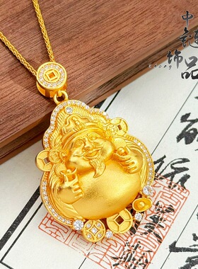 男女款古法沙金镶钻马上有钱财神爷吊坠黄金色新中式镂空挂坠项链