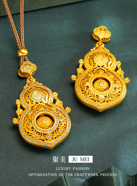黄金色沙金点钻微镶福禄双全吊坠女人生四美花丝镂空葫芦福禄挂件