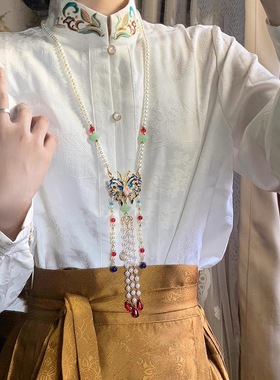 女款国风粉色蝴蝶璎珞背云长款流苏项链古风汉服马面裙旗袍衣链女
