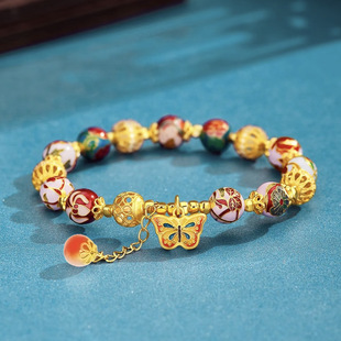 2025抖音直播潮家沙金十二月花神珠手链女款滴胶足银蝴蝶粉晶手串