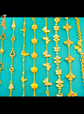 2026新款女款沙金古法葫芦手链镂黄金色空镶钻蝴蝶幸运如意手串女