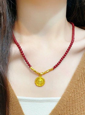2025新古法镀K金点钻黄财神碎银几两吊坠红色朱砂辰砂串珠女项链