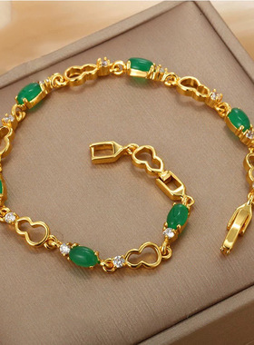 2025女款黄铜镀金镂空葫芦手链仿金韩版时尚镶锆石绿色宝石手链女